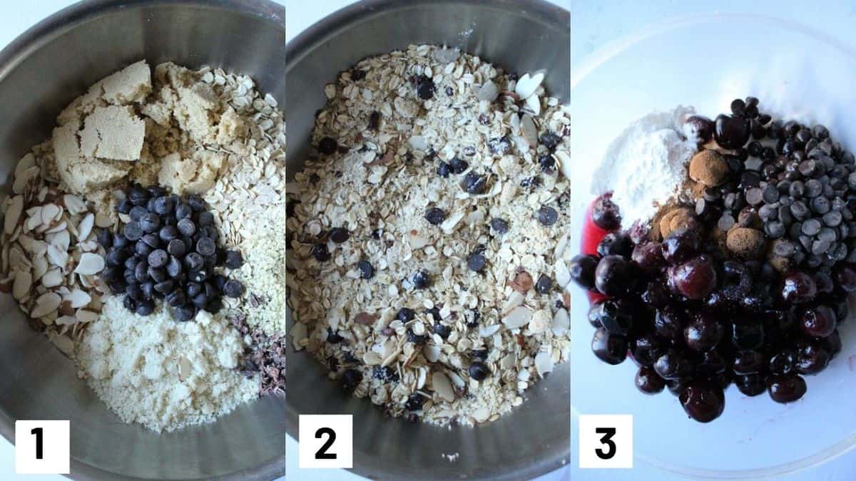 Three side by side images showing chocolate cherry crisp mixture including the granola mixture and cherry base. 