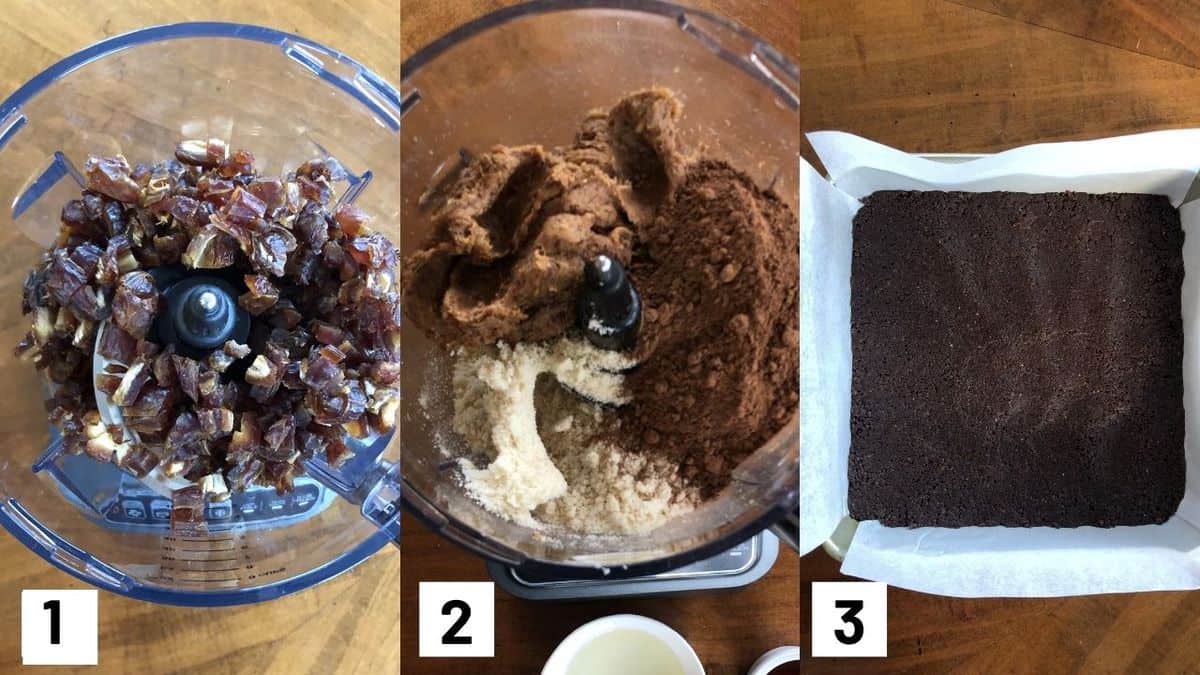 Three side by side images showing how to make first layer of brownie recipe. 