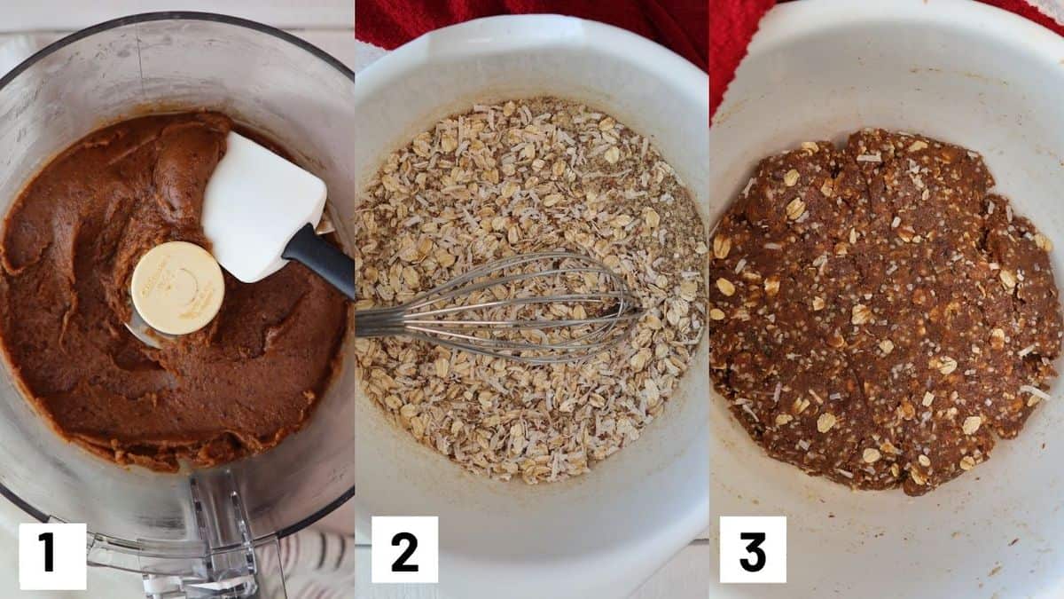 Three side by side images showing how to make granola bar mixture including how to prepare the wet and dry ingredients. 