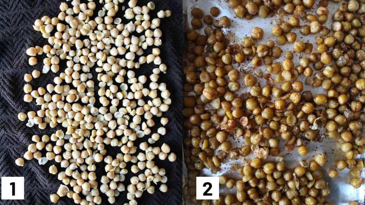 Two images showing how to prepare crispy chickpeas by rubbing them between two towels, and roasting them in the oven with spices. 