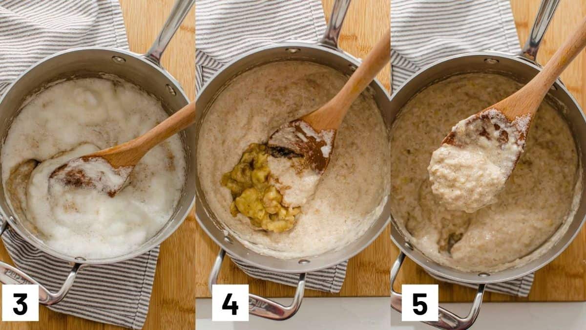 The last three steps of the recipe showing the whipped egg whites, banana, and vanilla being mixed into the oats.