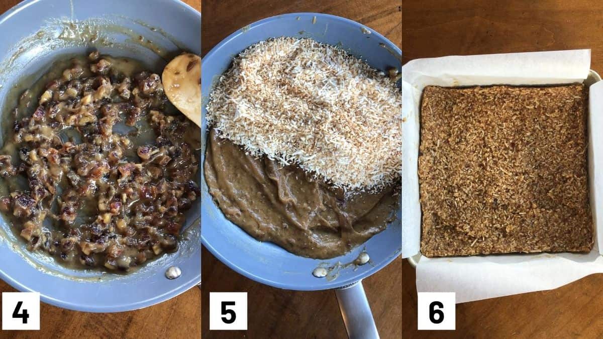 Three side by side images showing how to make recipe including heating up the date mixture, adding coconut flakes, and pressing mixture into baking dish. 