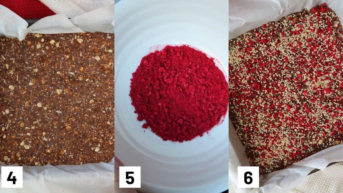 Three side by side images showing how to press the granola bar mixture into the pan and adding freeze dried strawberries. 