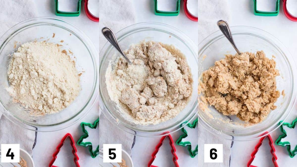 Three side by side images showing how to make the gluten free Christmas cookie recipe. 