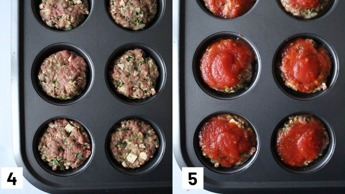 Two side by side images showing meatloaf muffins in a muffin tin with tomato sauce glaze on top.