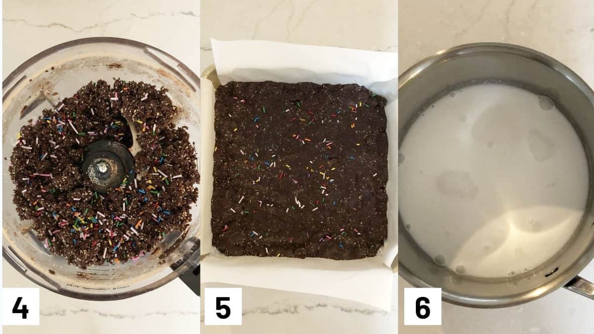 Three side by side images showing how to make recipe including adding in the sprinkles to the brownie mixture, pressing brownie mixture into a pan, and heading up coconut milk in a sauce pot. 