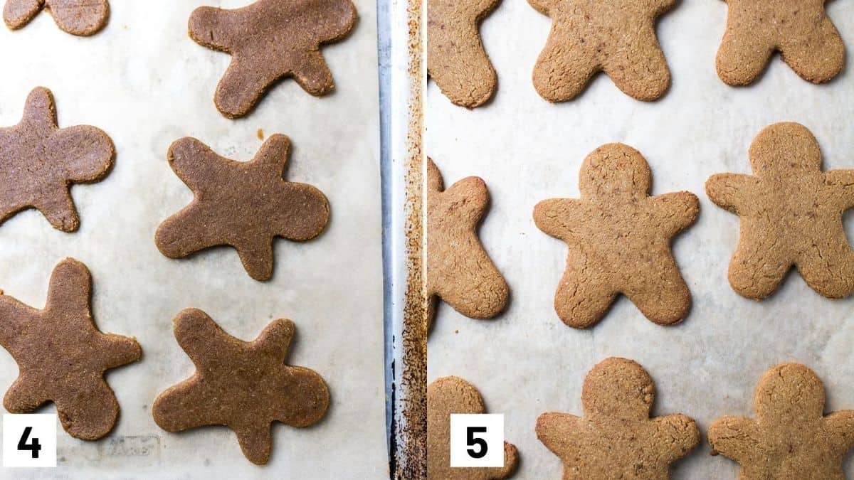 Two side by side images showing what the gingerbread cookies look like before and after coming out of the oven. 