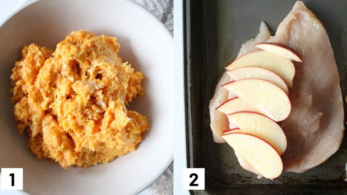 Two side by side images of first two steps of recipe showing the sweet potato mixture, and sliced chicken breast with apple slices on a sheet pan. 