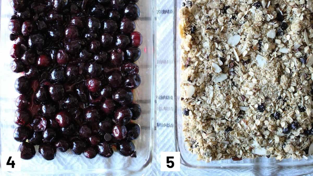 Two side by side images showing the first layer of cherries in a baking dish and topped with the granola mixture. 