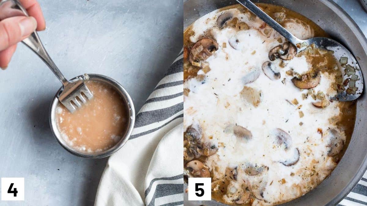 Two side by side images showing how to make the slurry as well as mixing and cooking down the casserole sauce.  