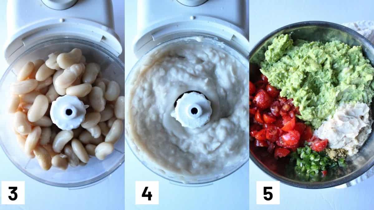 Three images showing how to make protein guacamole including blending the white beans and combining with mashede avocado, tomato, jalapeno, and cumin.