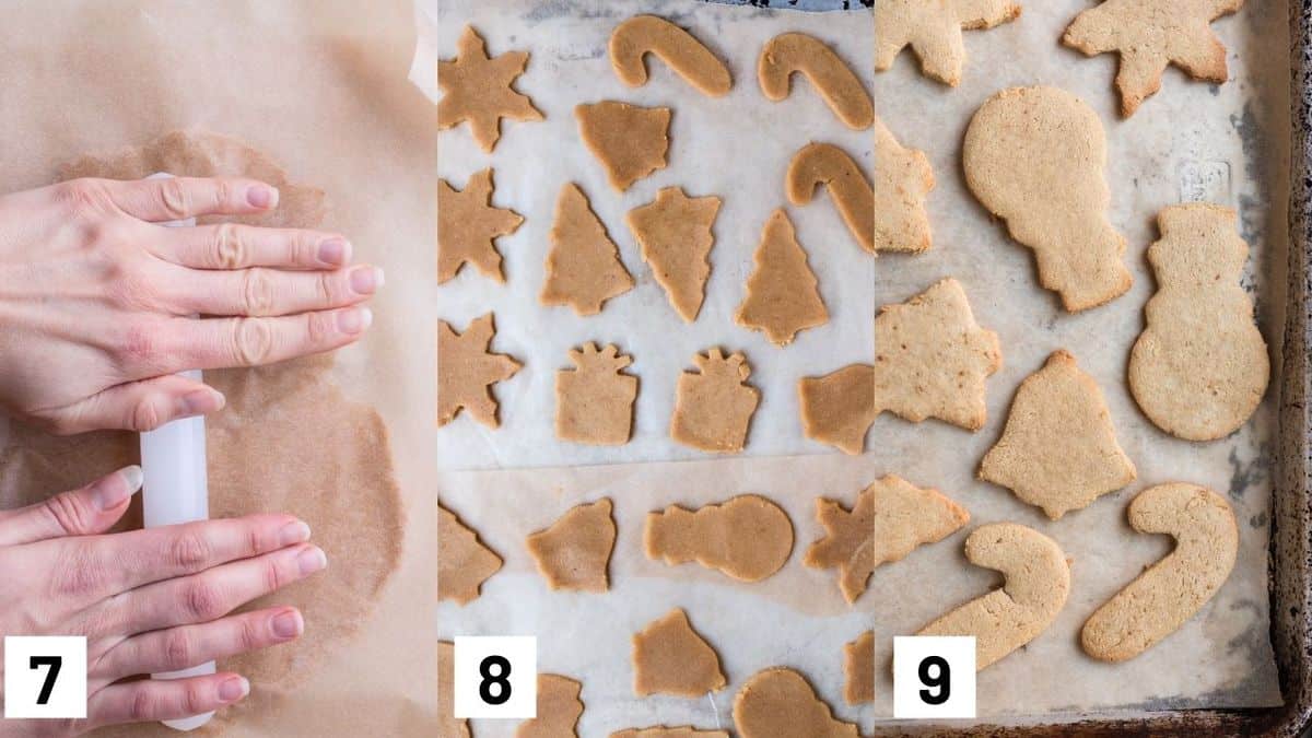 Three side by side images showing how to roll gluten free cookie dough, cutting them into Christmas shapes with the cookie cutters, and what they look like after they are baked. 