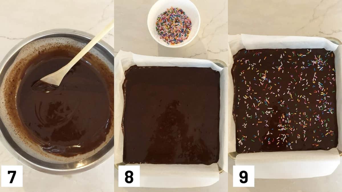 Three side by side images showing how to melt the chocolate with the coconut milk, pouring over top of the brownie base, and add sprinkles. 