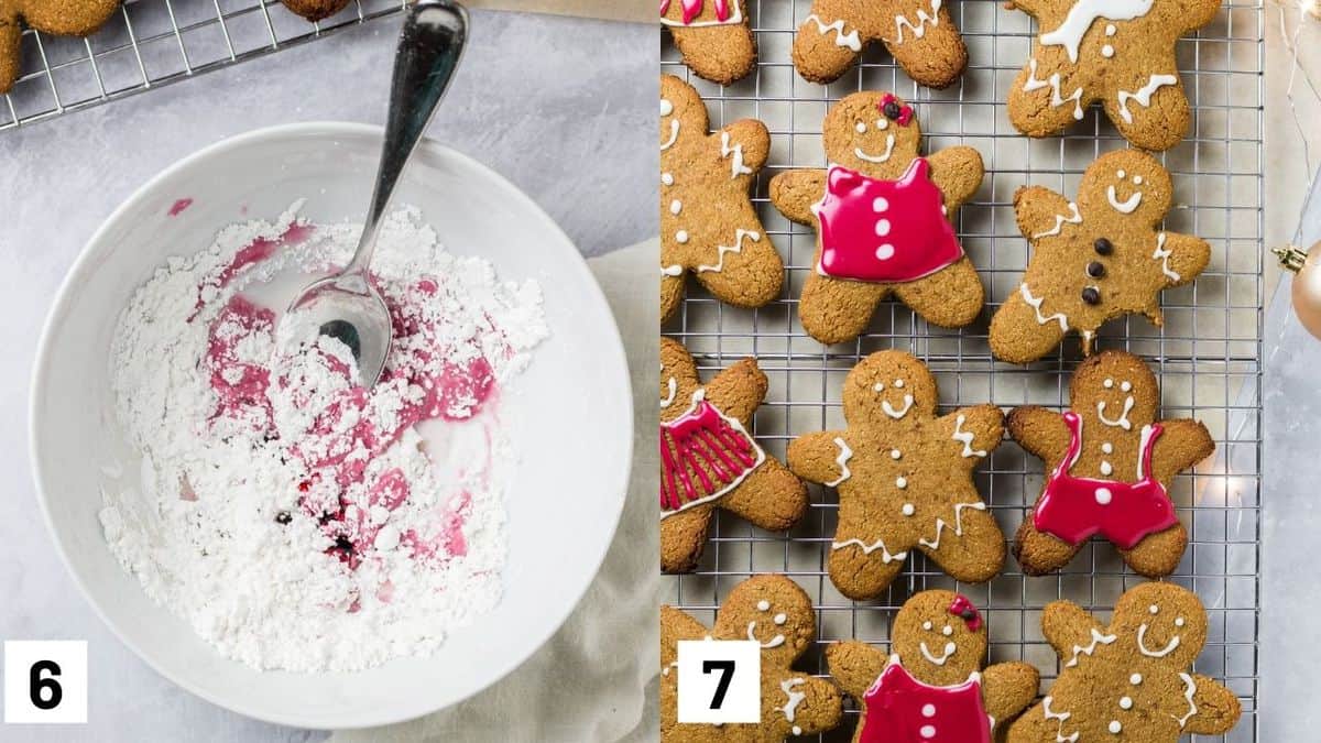 Two side by side images showing how to make icing sugar as well as the final decorates gingerbread cookies. 