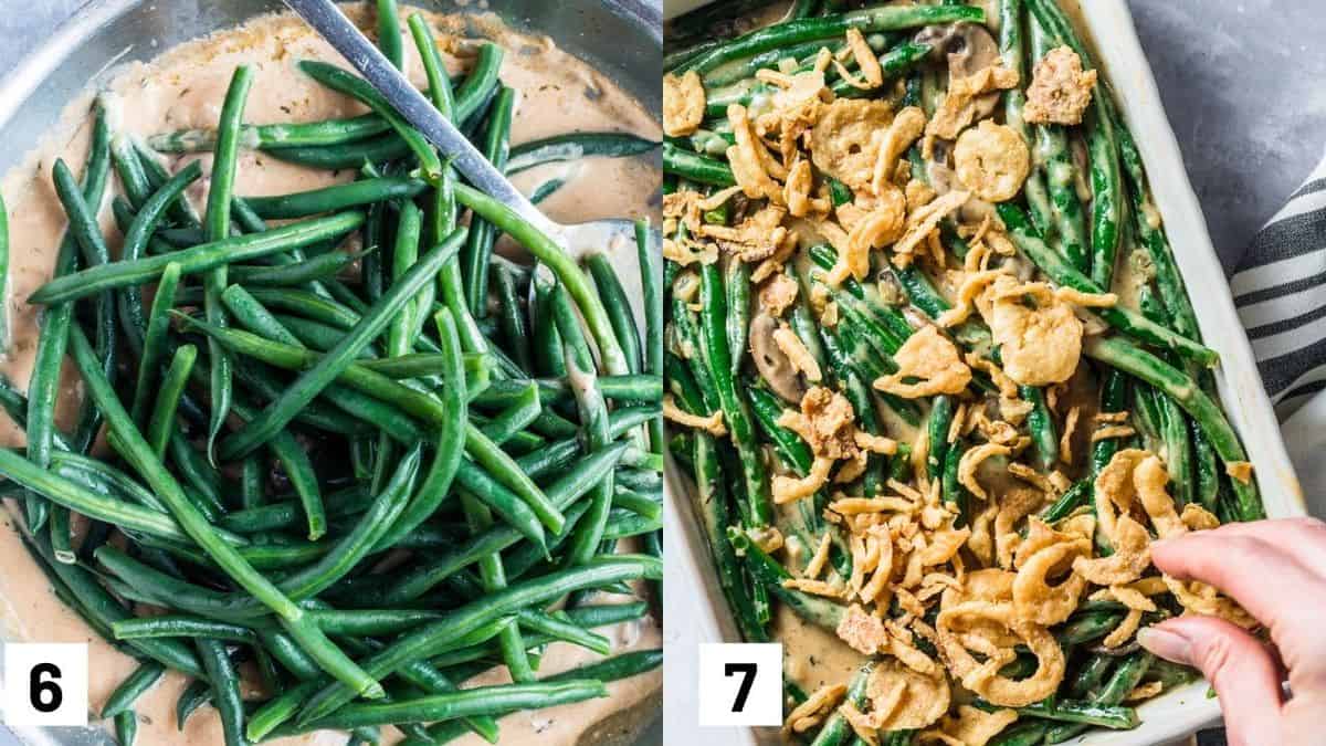 Two side by side images showing the cooked green beans added to the casserole sauce and poured into a baking dish and topped with crispy onions. 