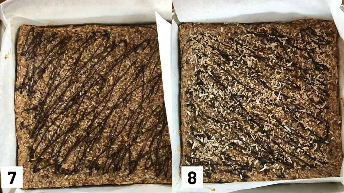 Two side by side images of brownies in a baking dish and drizzled with chocolate, topped with shredded coconut. 