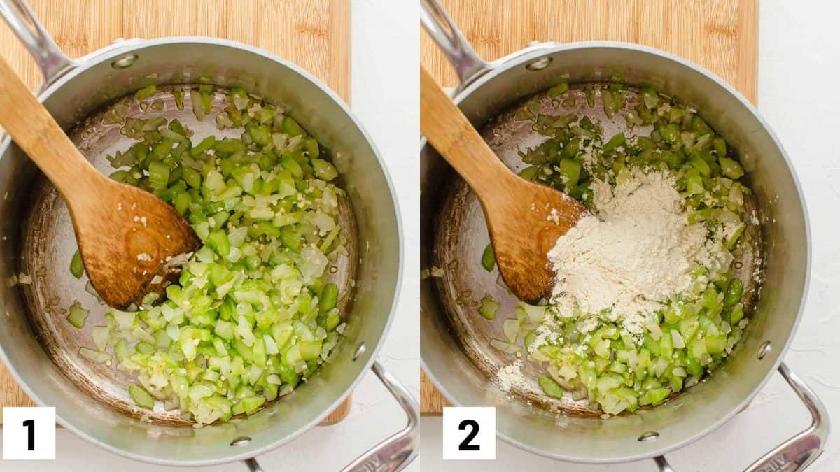 Two side by side images of sauteeing celery with garlic and flour. 