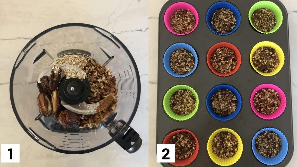 Two side by side images showing how to make the cheesecake base with dates, pecans, oats and cinnamon and pressing mixture into cupcake liners. 