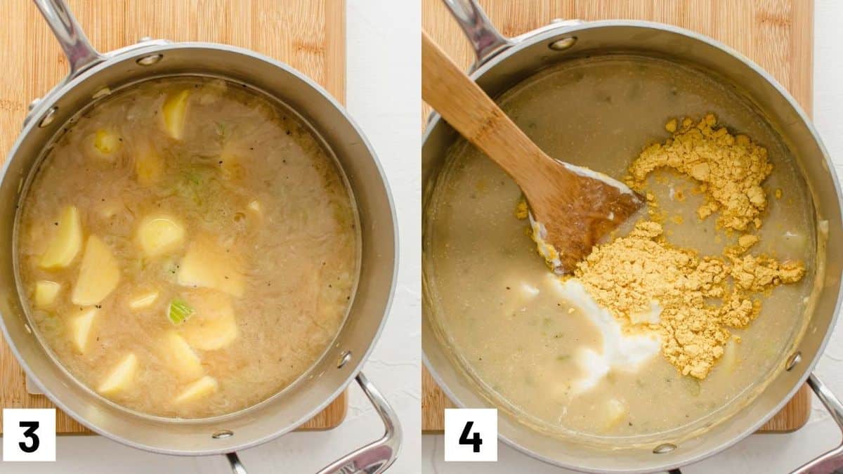 Two side by side images of how to make potato soup including adding the broth, milk, potatoes, sour cream, and nutritional yeast to a pot.