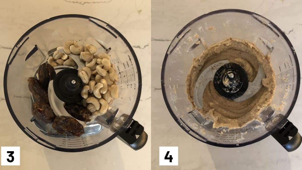 Two side by side images showing how to make cheesecake layer by processing cashews, dates, lemon juice, oil, vanilla and cinnamon. 