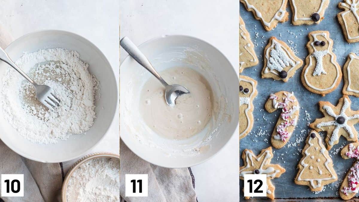 Three side by side images showing how to make the frosting with icing sugar and almond milk, as well as the finished Christmas cookies decorated with icing and sprinkles. 