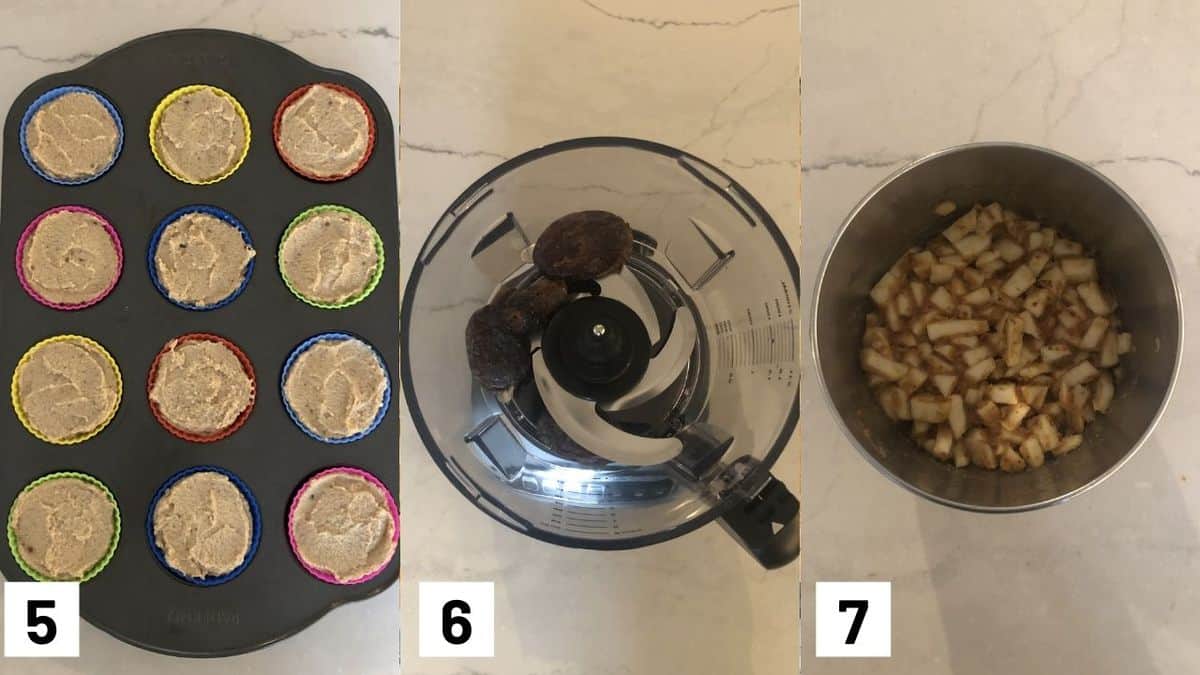 Three side by side images showing the cheesecake mixture being added to the cupcake liners, and tossing the apples in the vegan caramel.