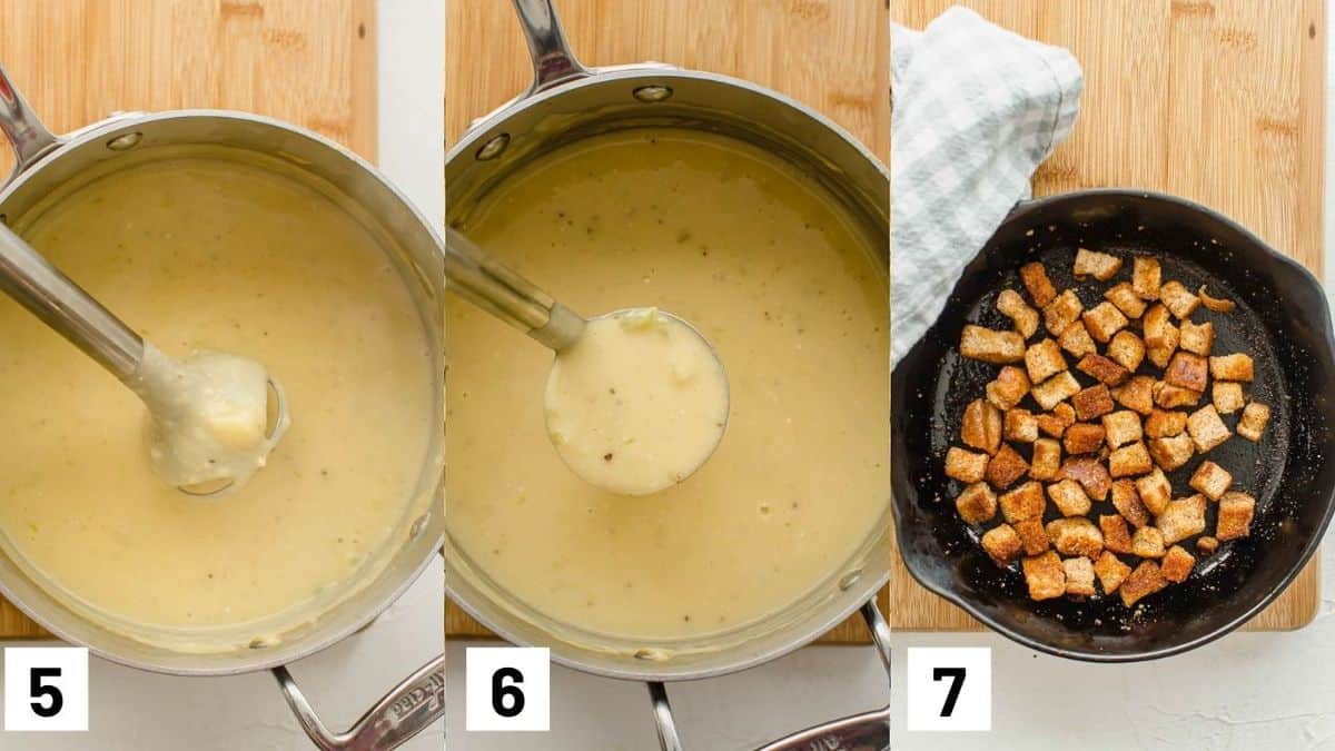 Three side by side images showing pureed potato soup and homemade croutons. 