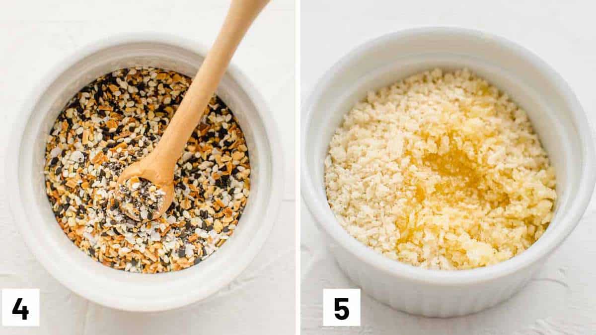 Two photos showing everything bagel seasoning and panko mixed with butter.