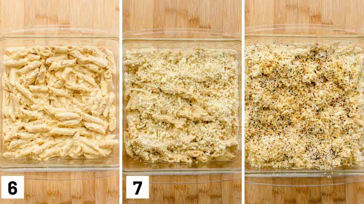 Instructional photos showing the pasta going into a baking dish, sprinkling cheese and panko, and then topping off with everything bagel seasoning.