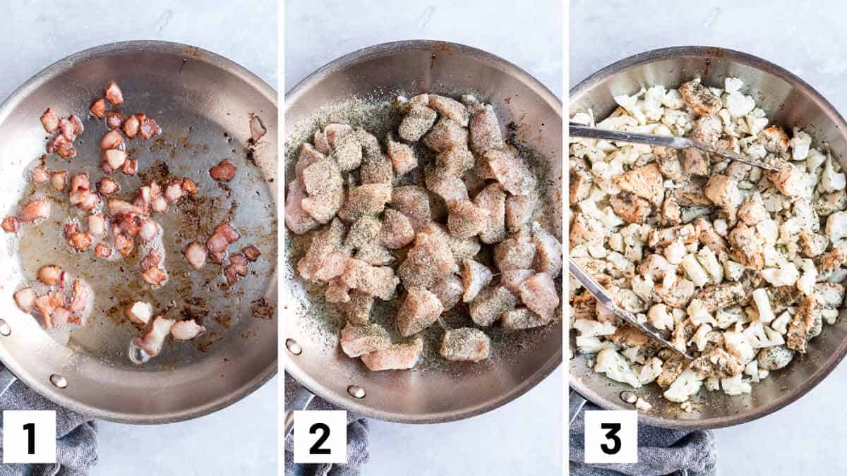 Step by step photos showing the bacon being sauted in a pan and the seasoned chicken being sauted, and then cauliflower being added to the pan.