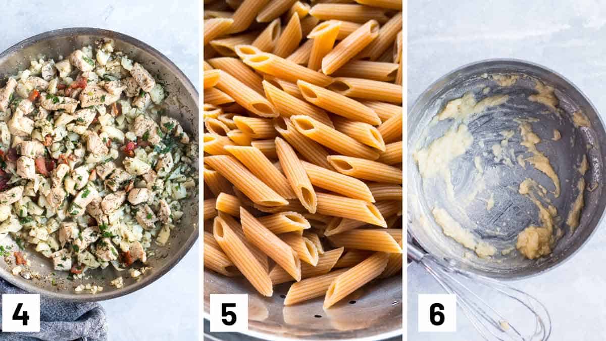 Step by step instructional photo showing the herbs added to a pan, close up of chickpea pasta, and a roux being made in a pan.