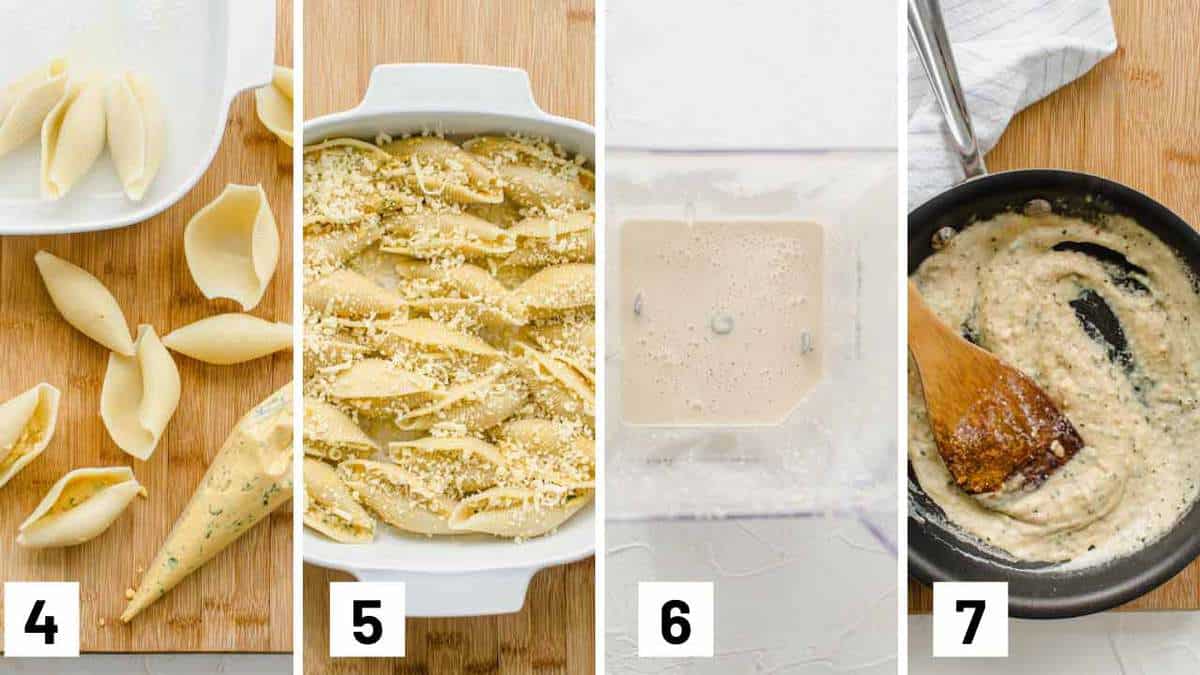 Instructional photos of four showing how to stuff the pasta shells, placing them in a baking dish, blending up cashews, and making the sauce in a pan.