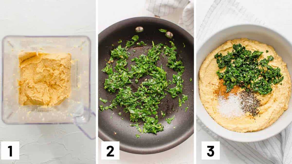 Instructional photos showing how to make the stuffing for the recipe: pureeing the sauce, sauteing the spinach, and combining them.