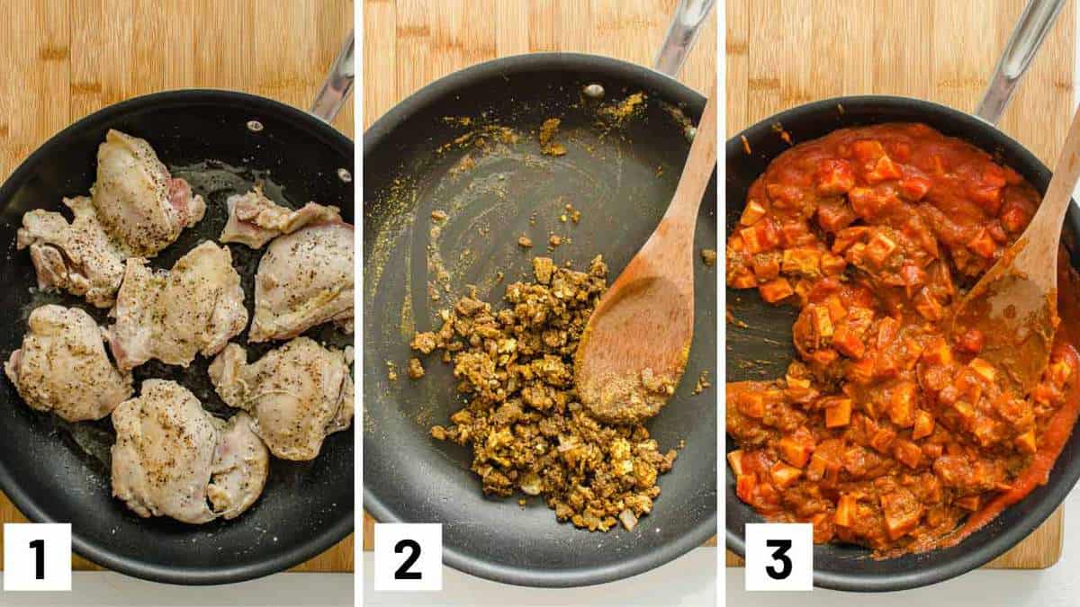 Step by step instructional photos showing chicken thighs being seared.