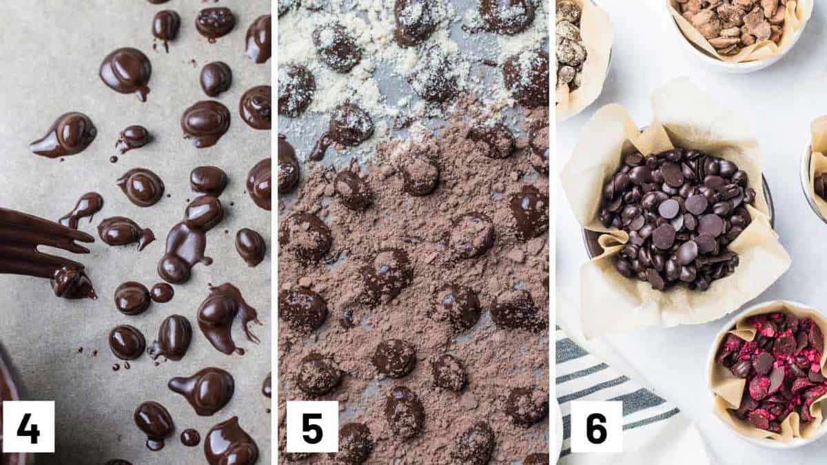 Three side by side images showing how to cover espresso beans with chocolate.