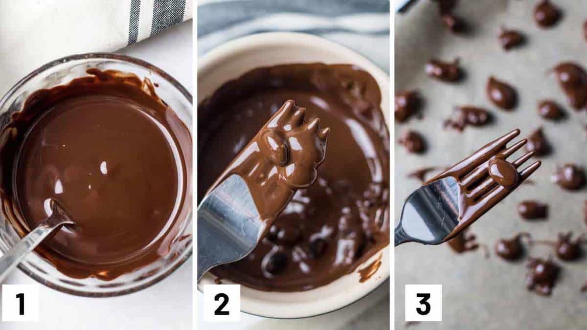 Three side by side images showing how to melt dark chocolate in a bowl.