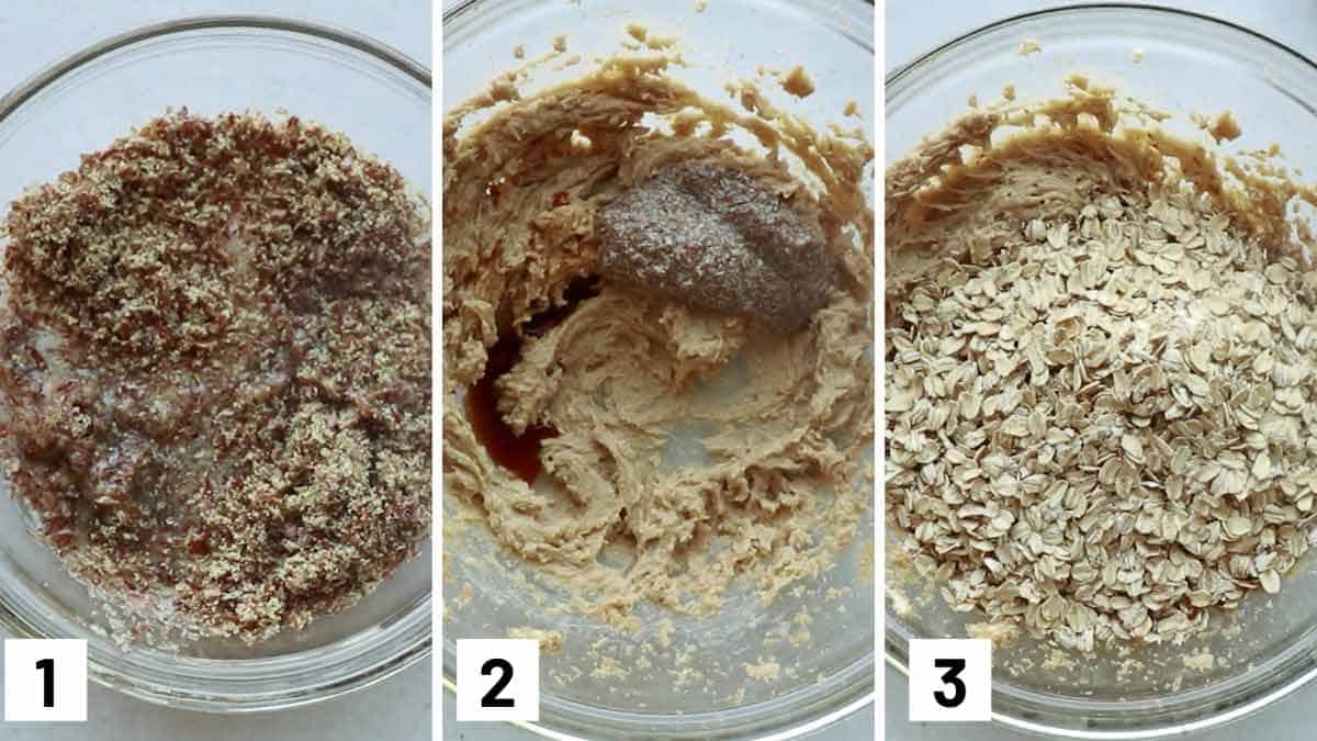 Instructional step by step photos showing how to combine the flax seed and water, creaming butter, sugar, and the flax mixture, and then adding the rolled oats.