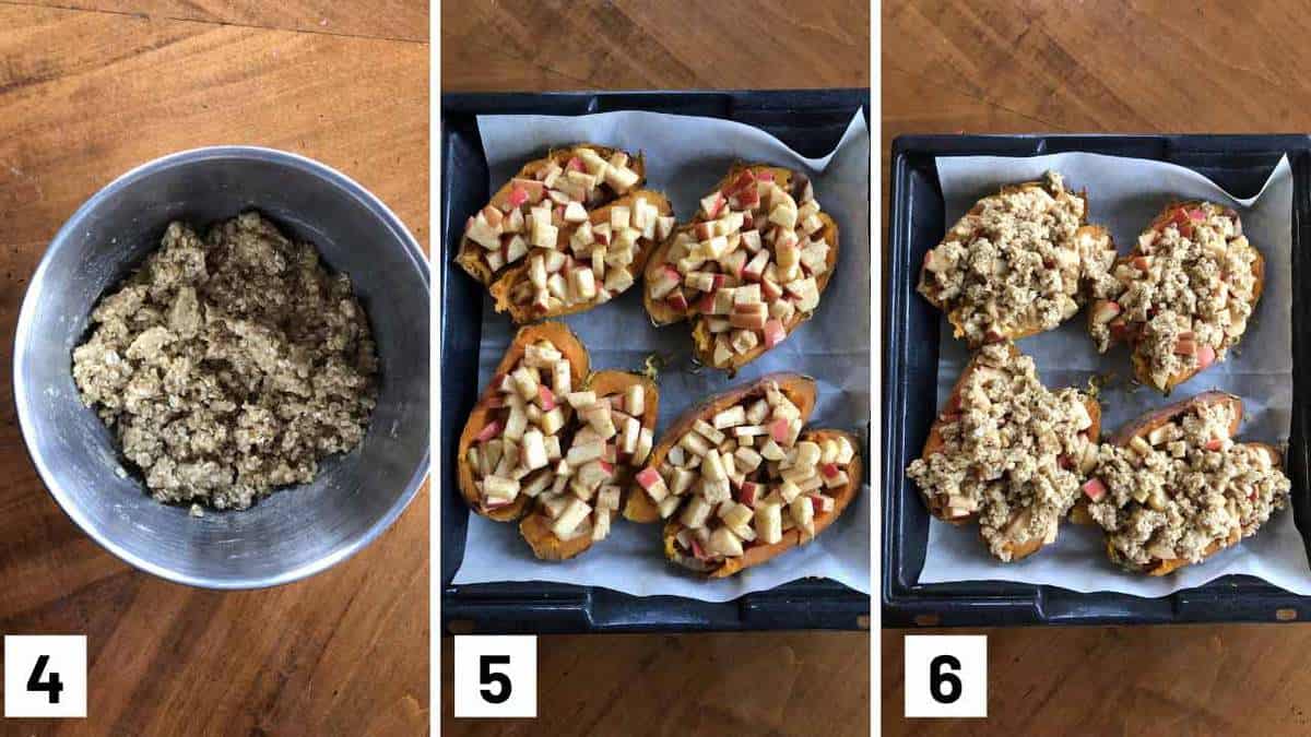 Instructional photos showing the crisp topping being mixed, diced apple mix being added to the sweet potatoes, and then topped.