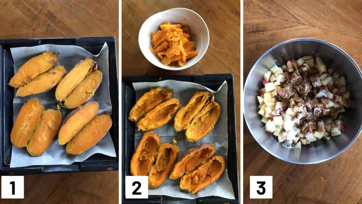 Step by step instructional photos of baked yams and scooped out and apples being combined with spices.