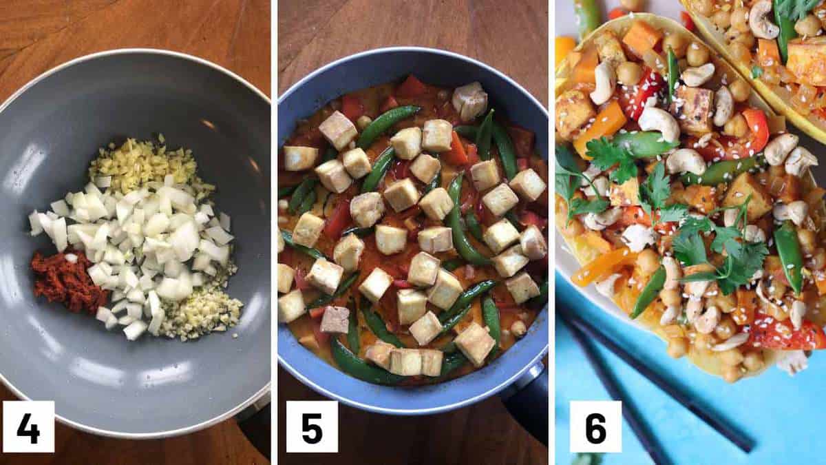 Step by step photos showing how to make the curry base before adding in the vegetables to cook and then stuffing it inside the spaghetti.