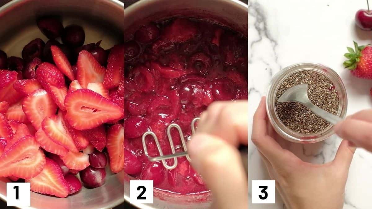 Three side by side images showing each step of how to make recipe including boiling down strawberries and cherries and combining with seed in a jar. 