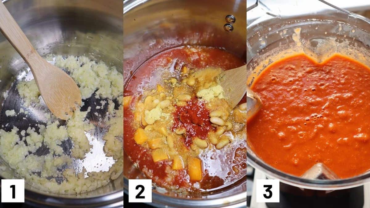 Three side by side images showing how to make tomato soup including sauteeing the onions and garlic, heating up the remainder of the ingredients, and pureeing in a blender. 