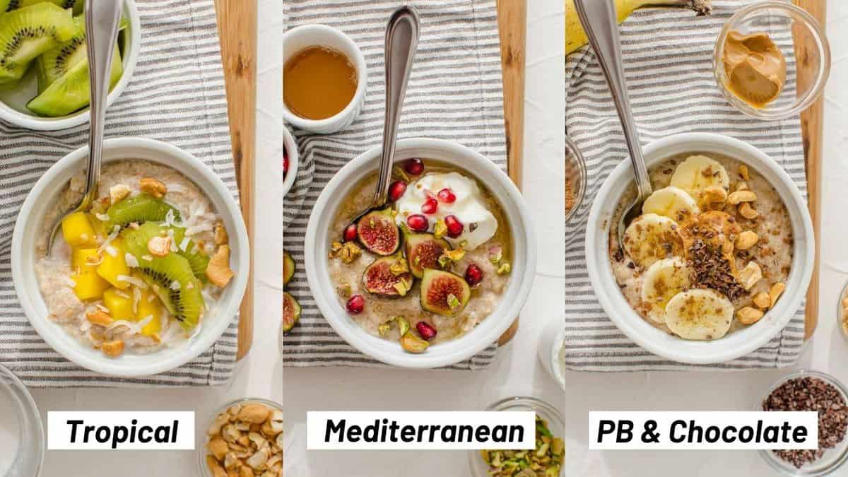 Three side my side images showing the protein oatmeal flavour combinations including tropical, Mediterranean, and peanut butter & chocolate.
