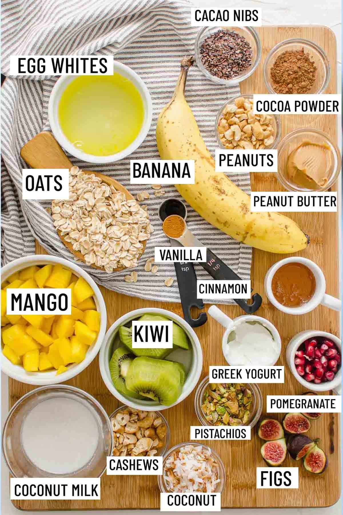 Birds eye view of portioned ingredients for protein oatmeal. 