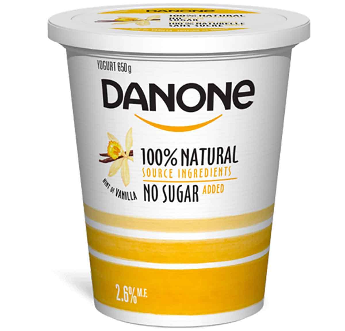 A container of danone yogurt with no added sugar.