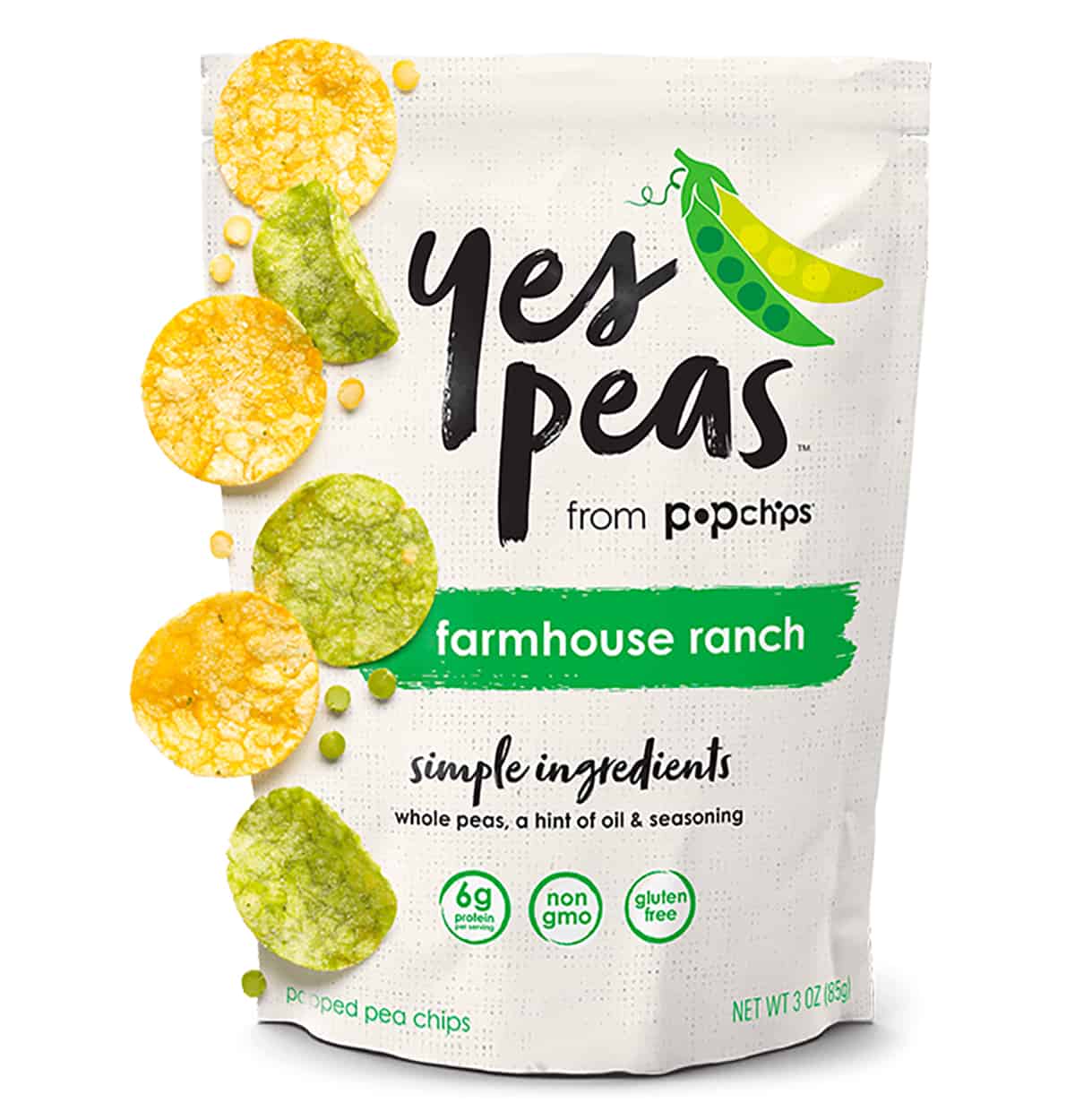 A package of "Yes Peas Pop Chips" as a healthy packaged snack.