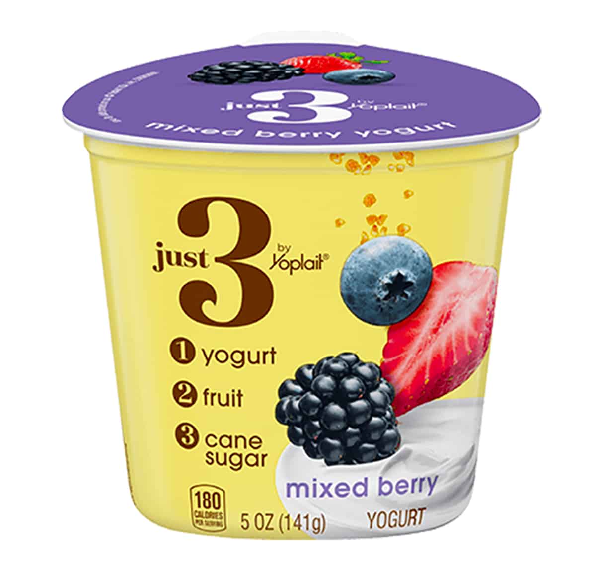 A package of Just 3 Yogurt by the brand yoplait.