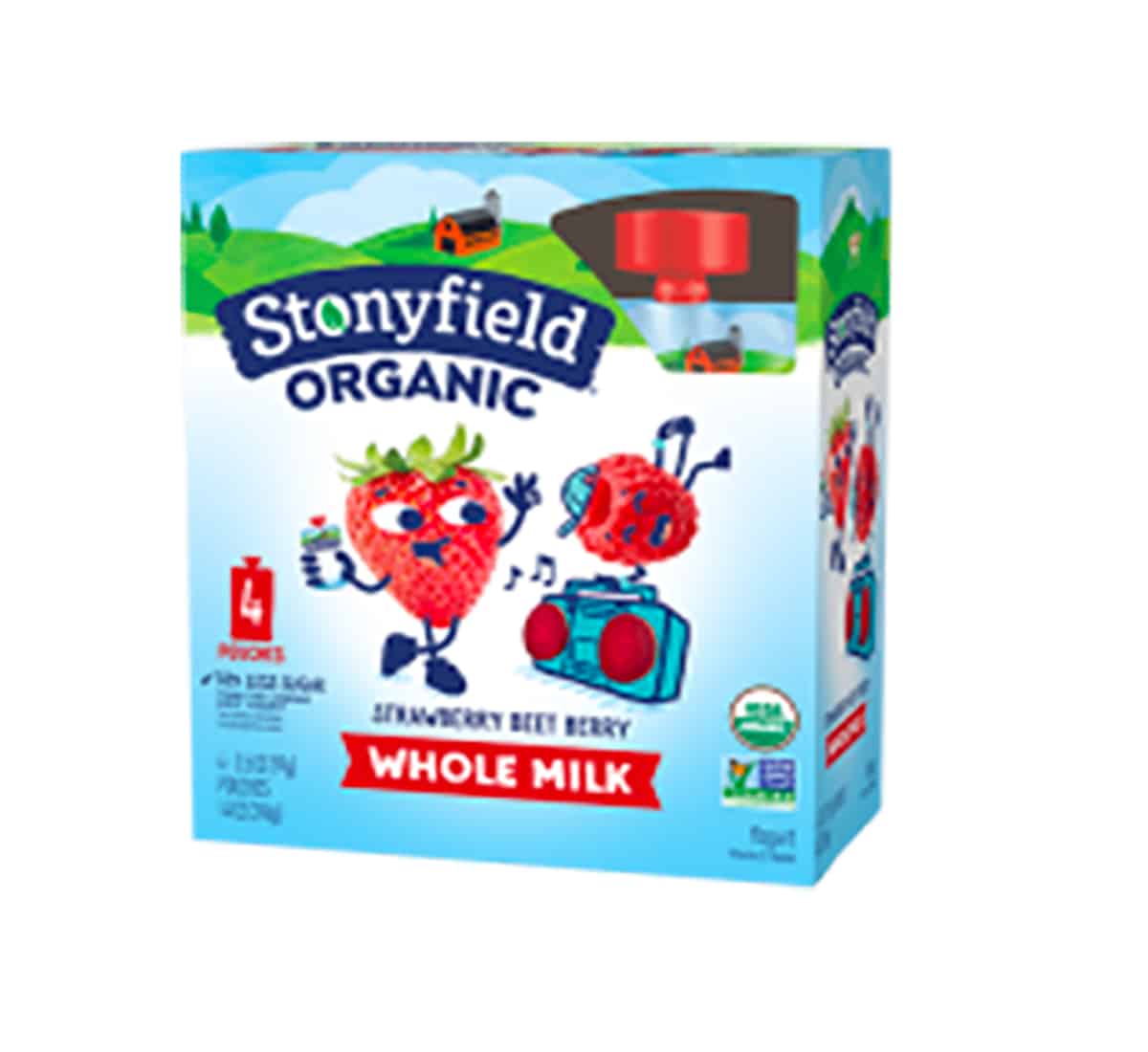 A package of strawberry beet yogurt by Stoneyfield.