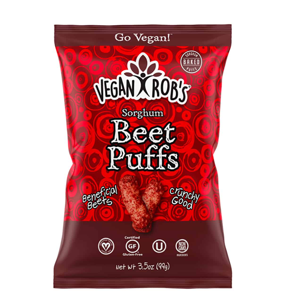 A package of beet puffs from the brand "Vegan Rob's".