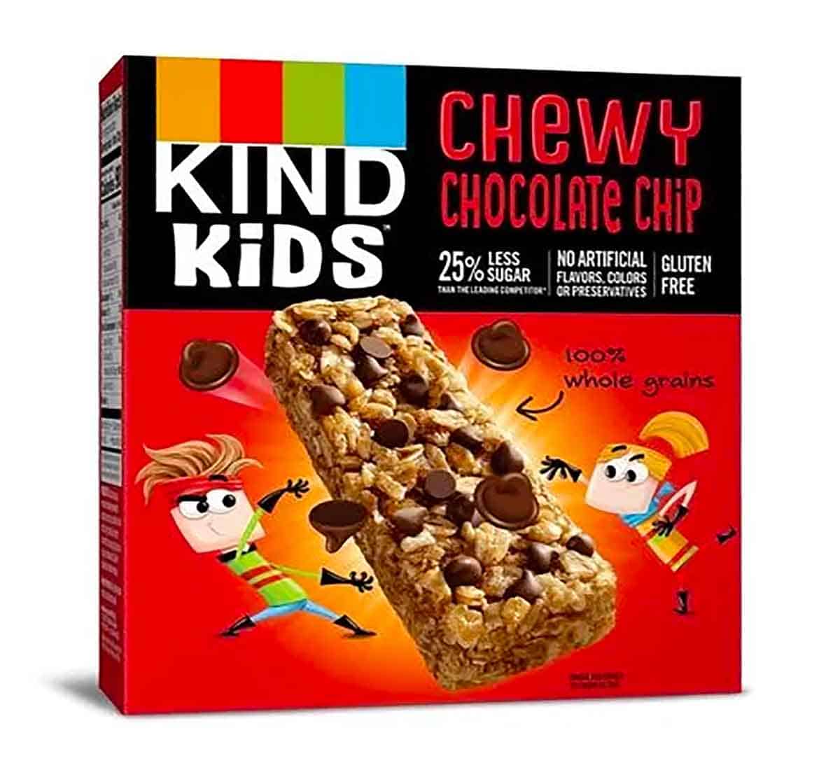 A red box of chewy chocolate chip granola bars by the brand "Kind Kids".